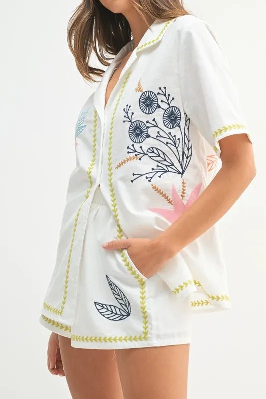 MABLE Embroidered Button Down Shirt and Shorts Set - Chaelisa's New Jammies