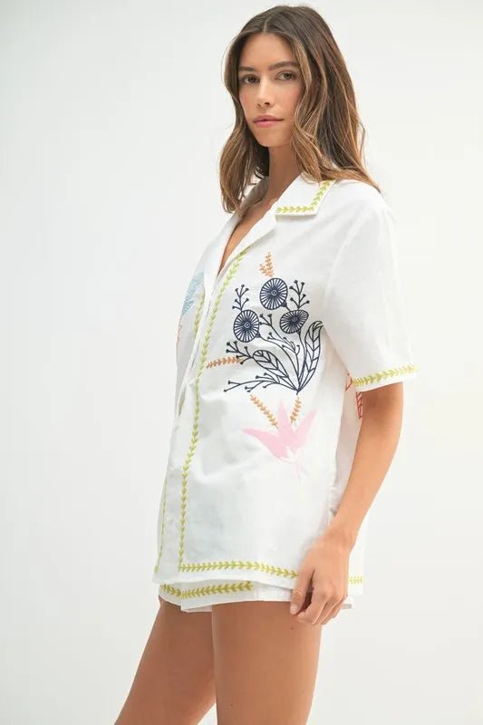 MABLE Embroidered Button Down Shirt and Shorts Set - Chaelisa's New Jammies