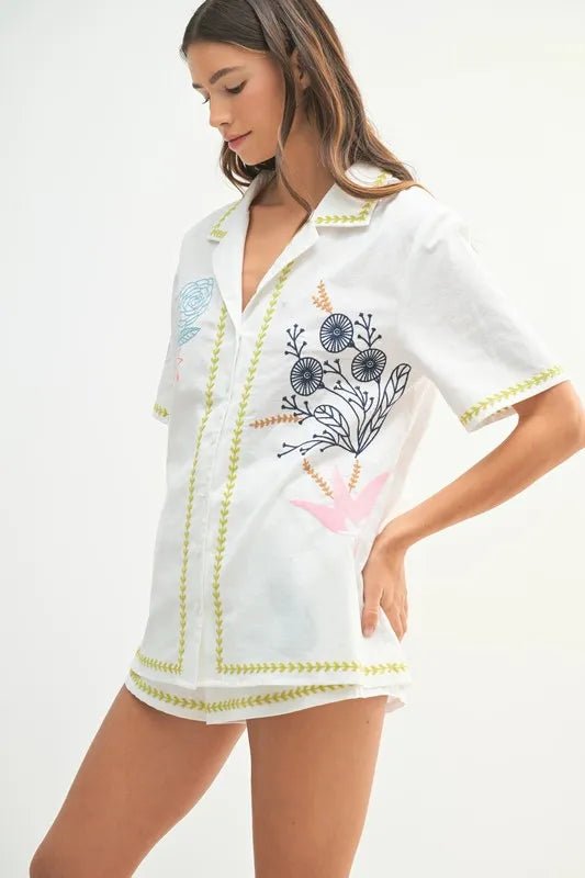 MABLE Embroidered Button Down Shirt and Shorts Set - Chaelisa's New Jammies