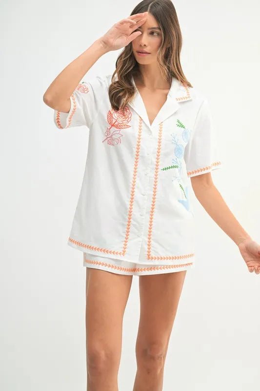 MABLE Embroidered Button Down Shirt and Shorts Set - Chaelisa's New Jammies