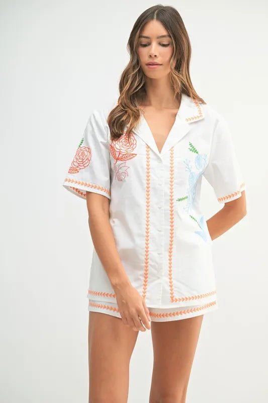 MABLE Embroidered Button Down Shirt and Shorts Set - Chaelisa's New Jammies