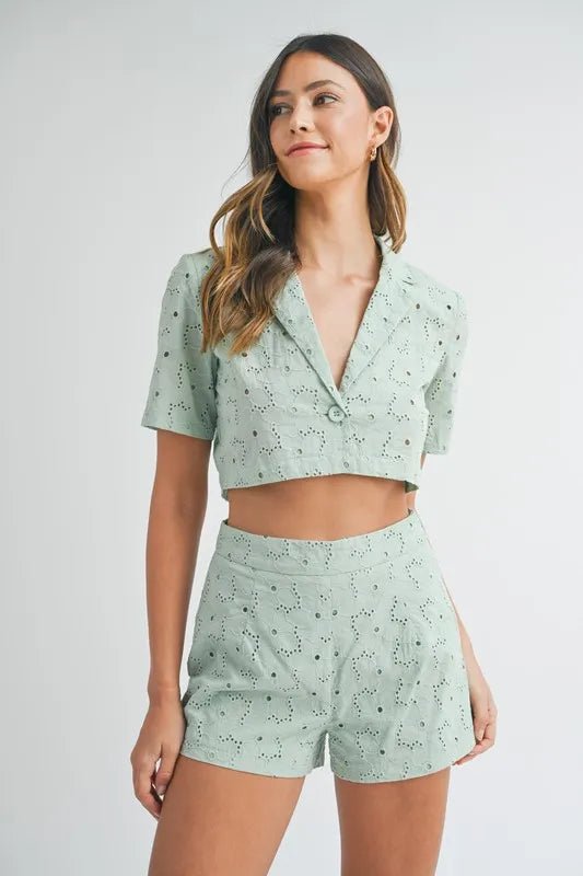 MABLE Eyelet Short Sleeve Crop Top and Shorts Set - Chaelisa's New Jammies