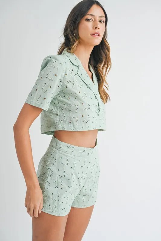 MABLE Eyelet Short Sleeve Crop Top and Shorts Set - Chaelisa's New Jammies
