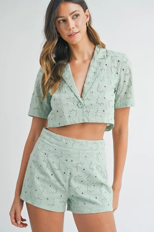 MABLE Eyelet Short Sleeve Crop Top and Shorts Set - Chaelisa's New Jammies