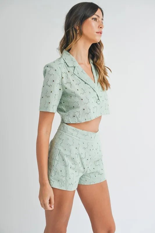MABLE Eyelet Short Sleeve Crop Top and Shorts Set - Chaelisa's New Jammies