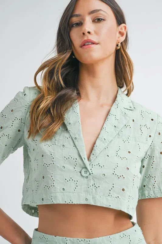 MABLE Eyelet Short Sleeve Crop Top and Shorts Set - Chaelisa's New Jammies