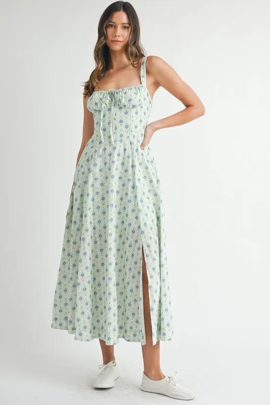 MABLE Floral Print Bustier Back Lace Up Midi Dress - Chaelisa's New Jammies