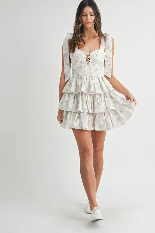 MABLE Floral Print Shoulder Tie Layered Mini Dress - Chaelisa's New Jammies