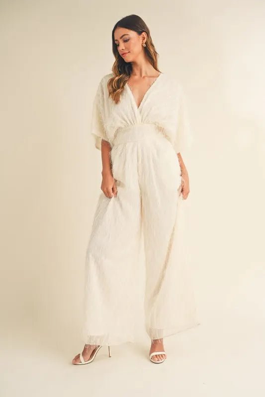 MABLE Fluffy Deep V Neck Wide Leg Jumpsuit - Chaelisa's New Jammies