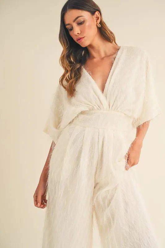 MABLE Fluffy Deep V Neck Wide Leg Jumpsuit - Chaelisa's New Jammies