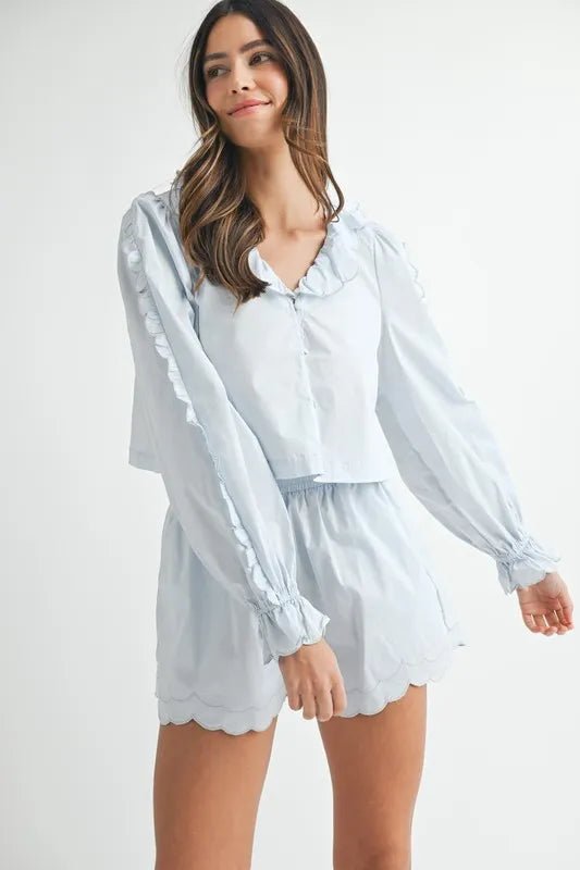 MABLE Long Sleeve Scallop Blouse and Shorts Set - Chaelisa's New Jammies