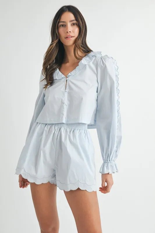 MABLE Long Sleeve Scallop Blouse and Shorts Set - Chaelisa's New Jammies