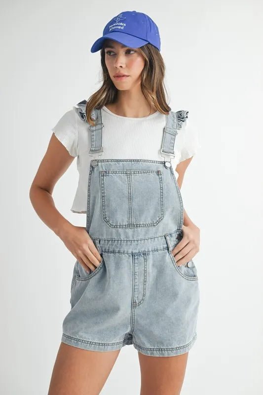 MABLE Square Neck Ruffle Shoulder Denim Overall Romper - Chaelisa's New Jammies