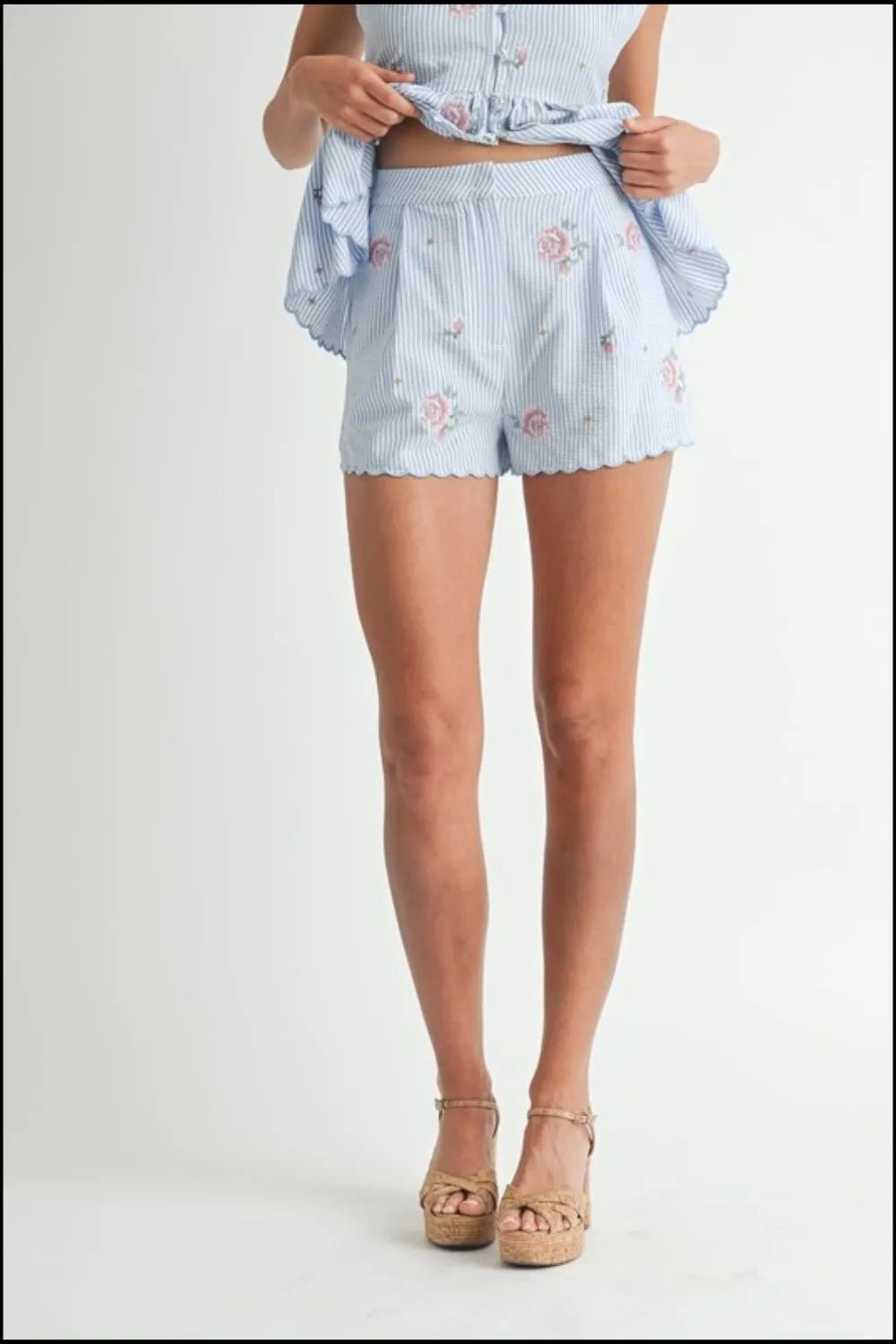 MABLE Stripe Embroidered Peplum Cami and Shorts Set - Chaelisa's New Jammies