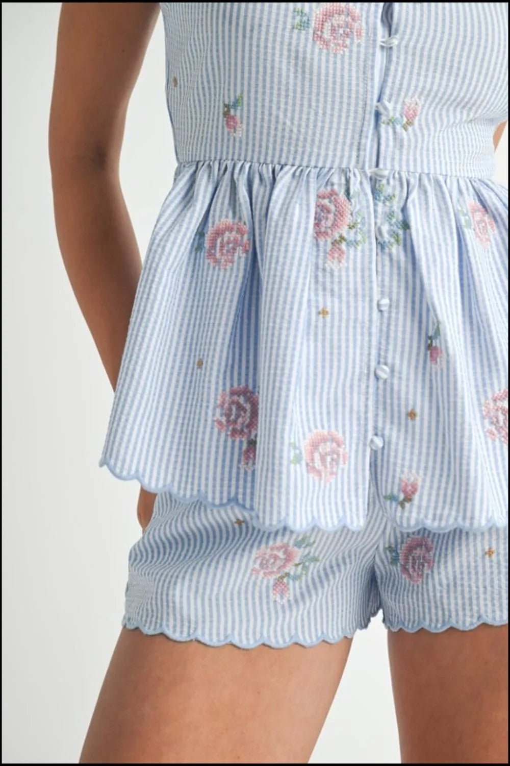 MABLE Stripe Embroidered Peplum Cami and Shorts Set - Chaelisa's New Jammies