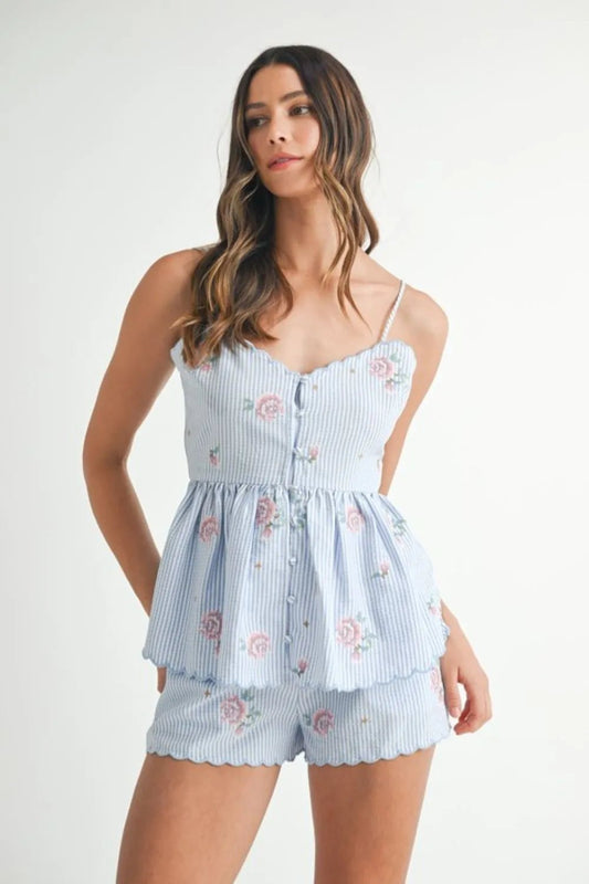 MABLE Stripe Embroidered Peplum Cami and Shorts Set - Chaelisa's New Jammies