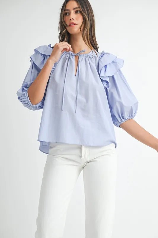 MABLE Stripe Ruffle Shoulder Puff Sleeve Blouse - Chaelisa's New Jammies