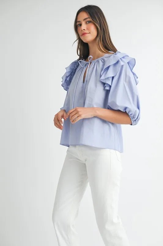 MABLE Stripe Ruffle Shoulder Puff Sleeve Blouse - Chaelisa's New Jammies