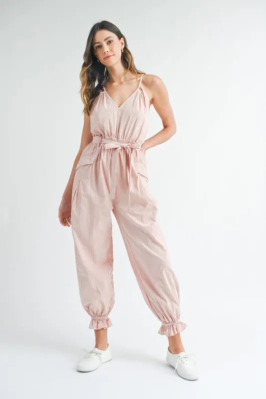 MABLE Washed Fabric Spaghetti Strap Waist Belted Jumpsuit - Chaelisa's New Jammies