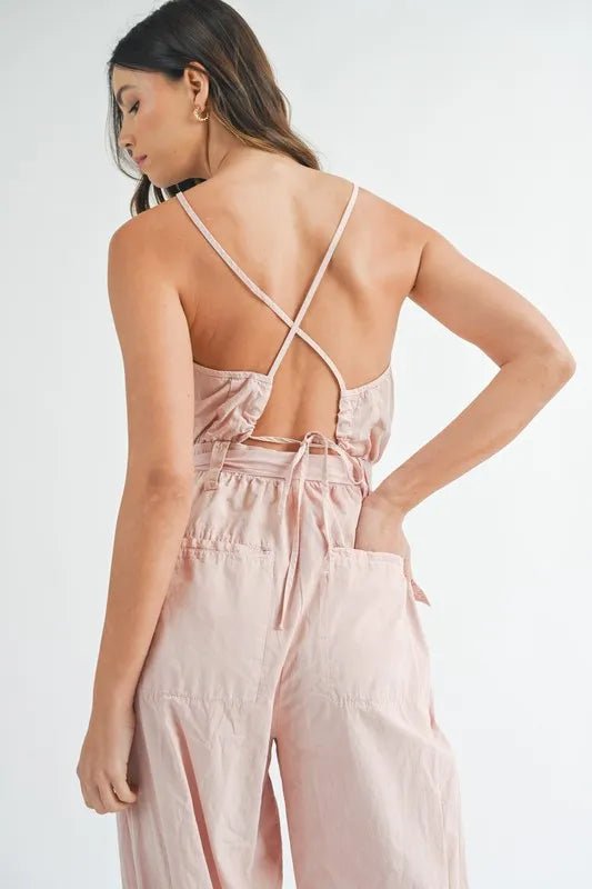 MABLE Washed Fabric Spaghetti Strap Waist Belted Jumpsuit - Chaelisa's New Jammies