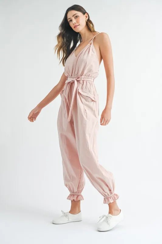 MABLE Washed Fabric Spaghetti Strap Waist Belted Jumpsuit - Chaelisa's New Jammies