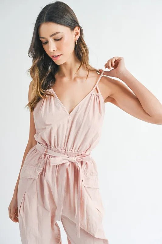 MABLE Washed Fabric Spaghetti Strap Waist Belted Jumpsuit - Chaelisa's New Jammies