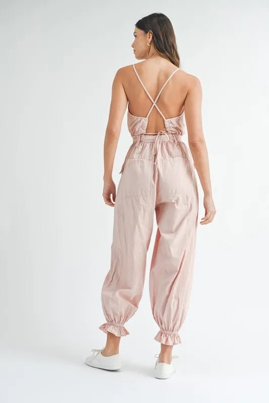 MABLE Washed Fabric Spaghetti Strap Waist Belted Jumpsuit - Chaelisa's New Jammies