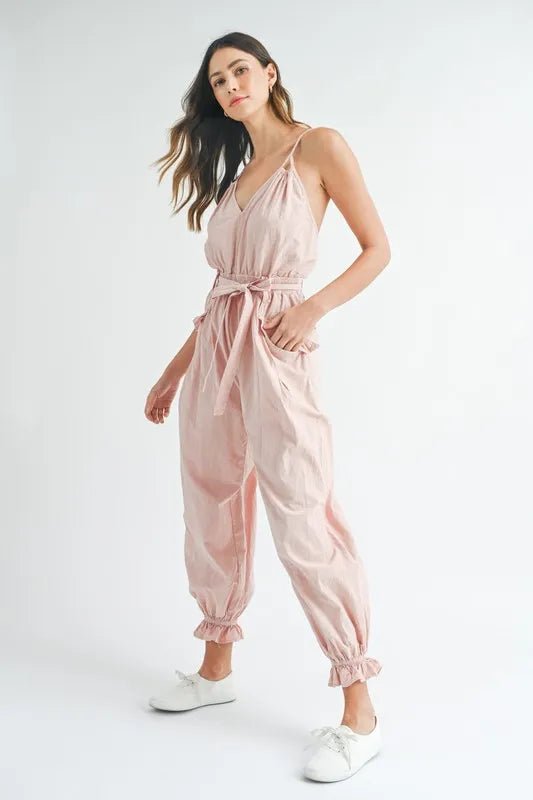 MABLE Washed Fabric Spaghetti Strap Waist Belted Jumpsuit - Chaelisa's New Jammies