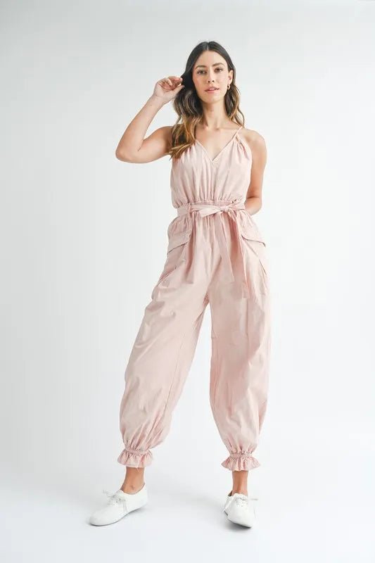 MABLE Washed Fabric Spaghetti Strap Waist Belted Jumpsuit - Chaelisa's New Jammies
