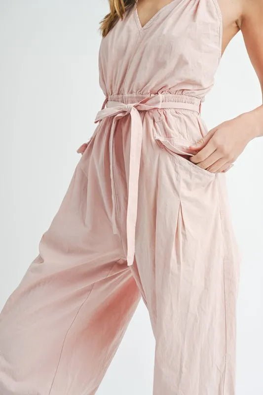 MABLE Washed Fabric Spaghetti Strap Waist Belted Jumpsuit - Chaelisa's New Jammies