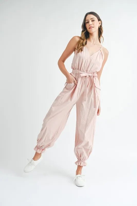 MABLE Washed Fabric Spaghetti Strap Waist Belted Jumpsuit - Chaelisa's New Jammies