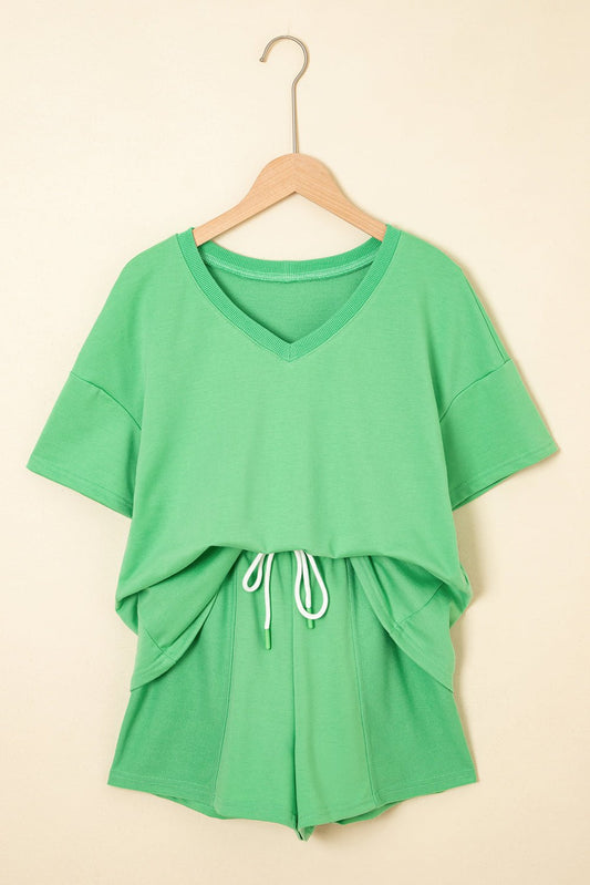 Mint Green V Neck Drop Shoulder Tee and Patchwork Drawstring Shorts Set - Chaelisa's New Jammies