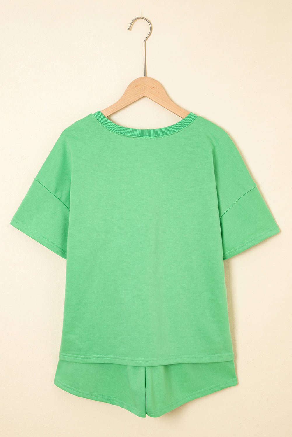Mint Green V Neck Drop Shoulder Tee and Patchwork Drawstring Shorts Set - Chaelisa's New Jammies