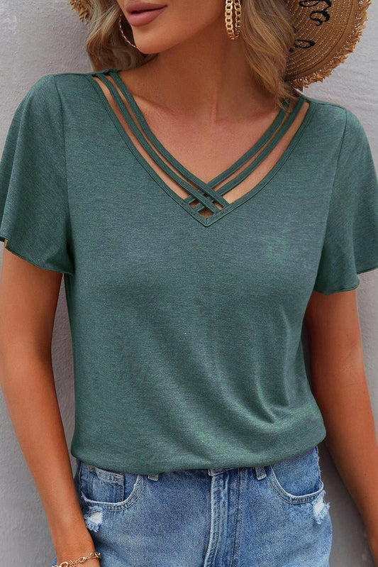 Mist Green Crisscross V Neck Butterfly Sleeve T Shirt - Chaelisa's New Jammies
