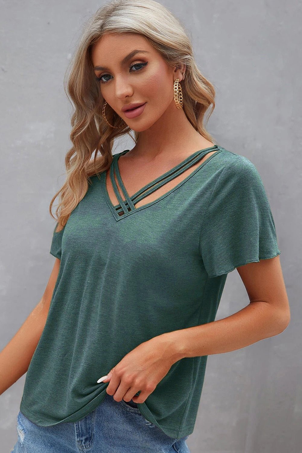 Mist Green Crisscross V Neck Butterfly Sleeve T Shirt - Chaelisa's New Jammies
