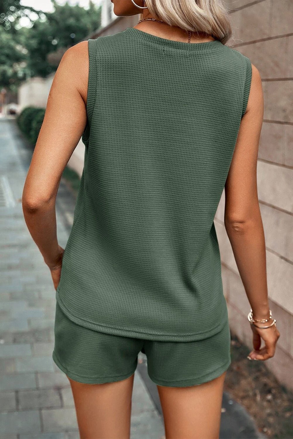 Mist Green Waffle Knit Patched Pocket Tank and Drawstring Shorts Set - Chaelisa's New Jammies