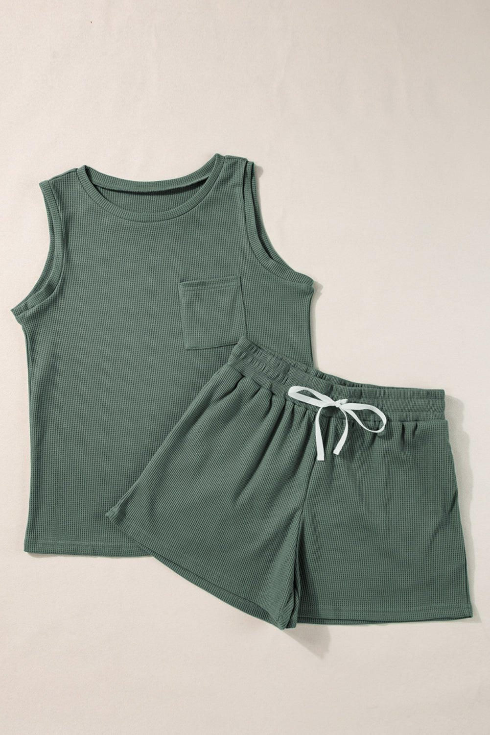 Mist Green Waffle Knit Patched Pocket Tank and Drawstring Shorts Set - Chaelisa's New Jammies
