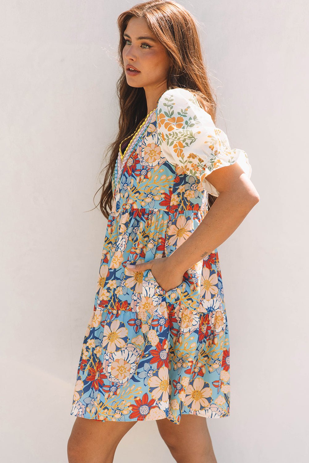 Multicolour Boho Floral Print Crochet Patchwork V Neck Loose Mini Dress - Chaelisa's New Jammies