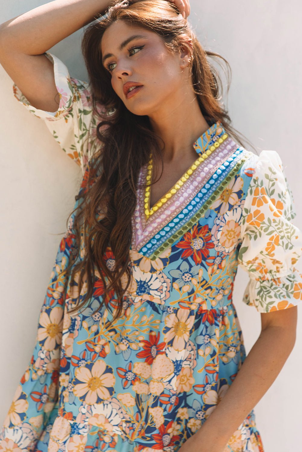 Multicolour Boho Floral Print Crochet Patchwork V Neck Loose Mini Dress - Chaelisa's New Jammies