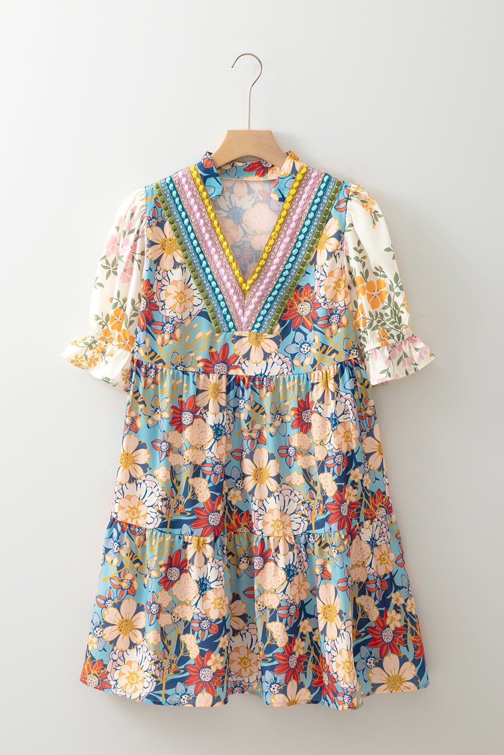 Multicolour Boho Floral Print Crochet Patchwork V Neck Loose Mini Dress - Chaelisa's New Jammies