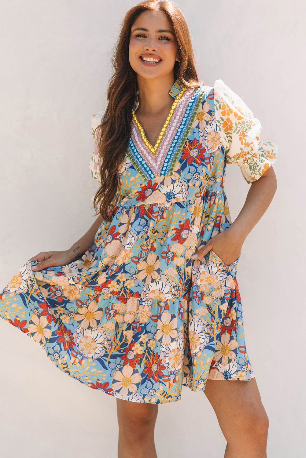 Multicolour Boho Floral Print Crochet Patchwork V Neck Loose Mini Dress - Chaelisa's New Jammies