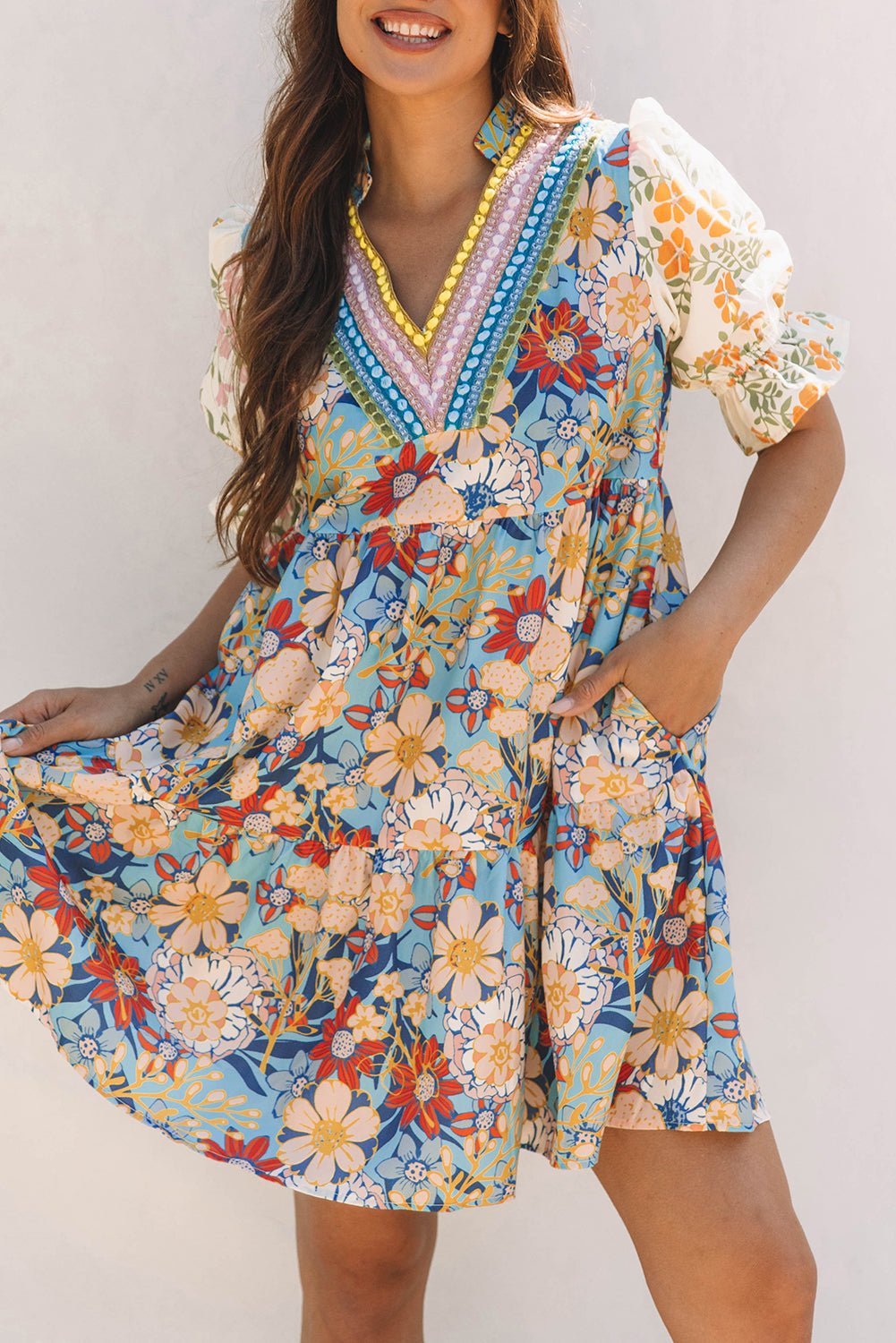 Multicolour Boho Floral Print Crochet Patchwork V Neck Loose Mini Dress - Chaelisa's New Jammies