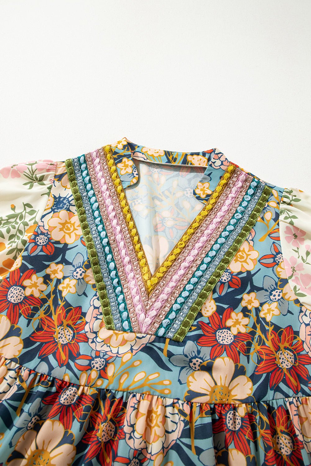 Multicolour Boho Floral Print Crochet Patchwork V Neck Loose Mini Dress - Chaelisa's New Jammies