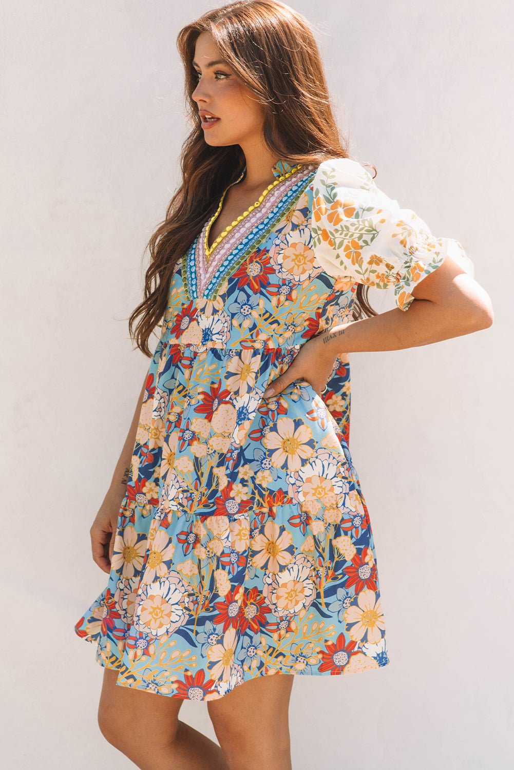 Multicolour Boho Floral Print Crochet Patchwork V Neck Loose Mini Dress - Chaelisa's New Jammies