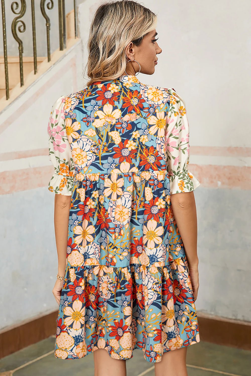 Multicolour Boho Floral Print Crochet Patchwork V Neck Loose Mini Dress - Chaelisa's New Jammies