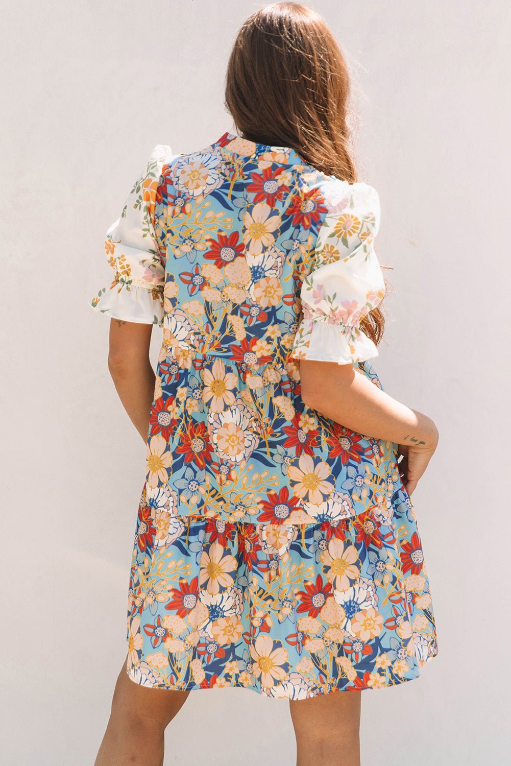 Multicolour Boho Floral Print Crochet Patchwork V Neck Loose Mini Dress - Chaelisa's New Jammies