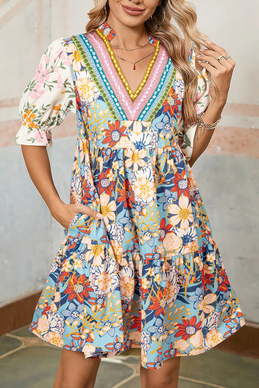 Multicolour Boho Floral Print Crochet Patchwork V Neck Loose Mini Dress - Chaelisa's New Jammies