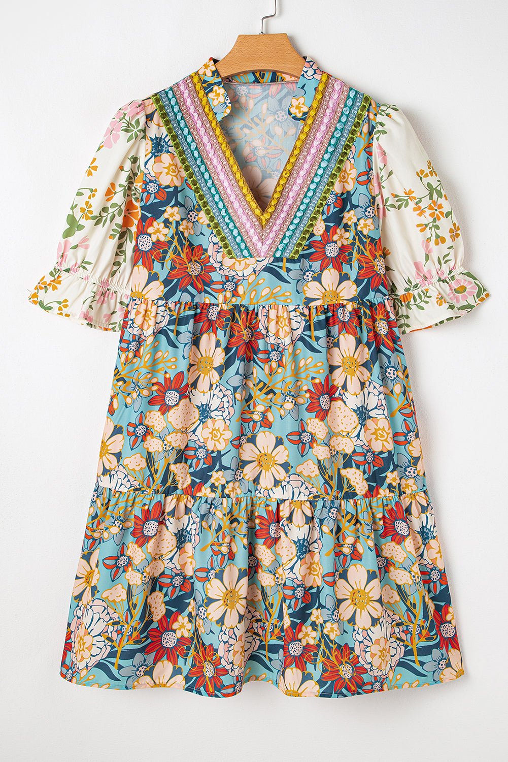Multicolour Boho Floral Print Crochet Patchwork V Neck Loose Mini Dress - Chaelisa's New Jammies
