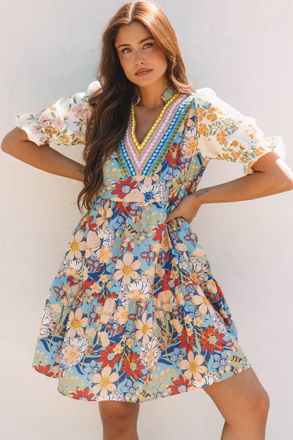 Multicolour Boho Floral Print Crochet Patchwork V Neck Loose Mini Dress - Chaelisa's New Jammies
