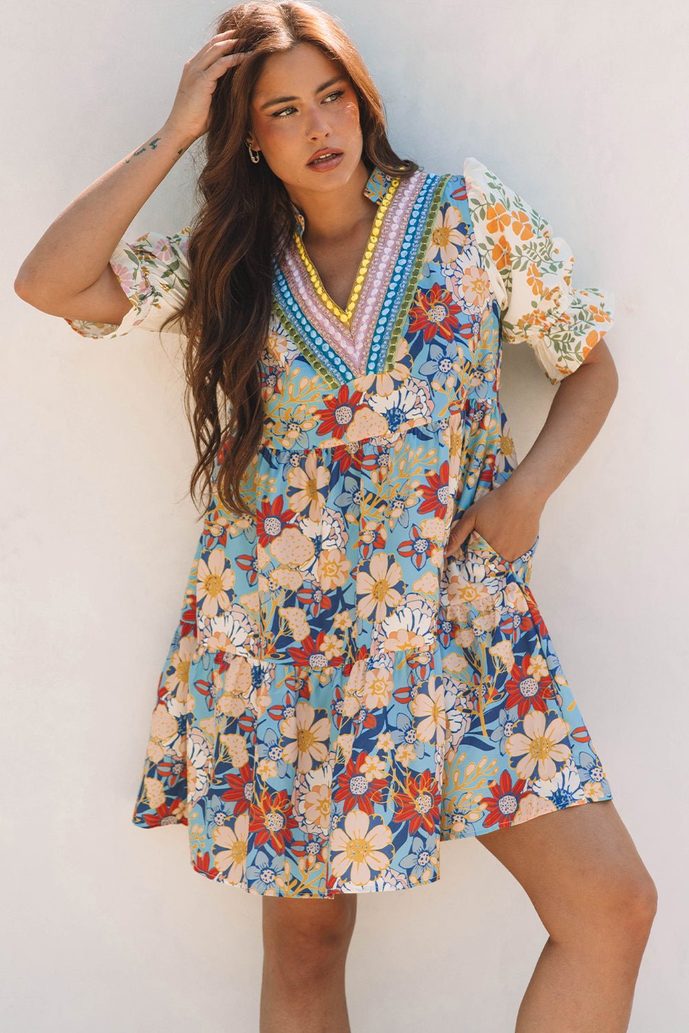 Multicolour Boho Floral Print Crochet Patchwork V Neck Loose Mini Dress - Chaelisa's New Jammies